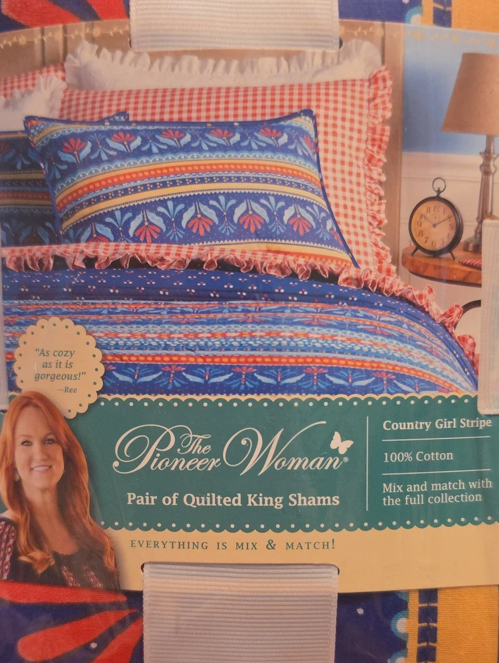 Pioneer Woman Blue Quilted Stripe 2 King Shams with Pink and Orange Accents New